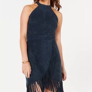 Elegant Navy Halter Dress with Fringe